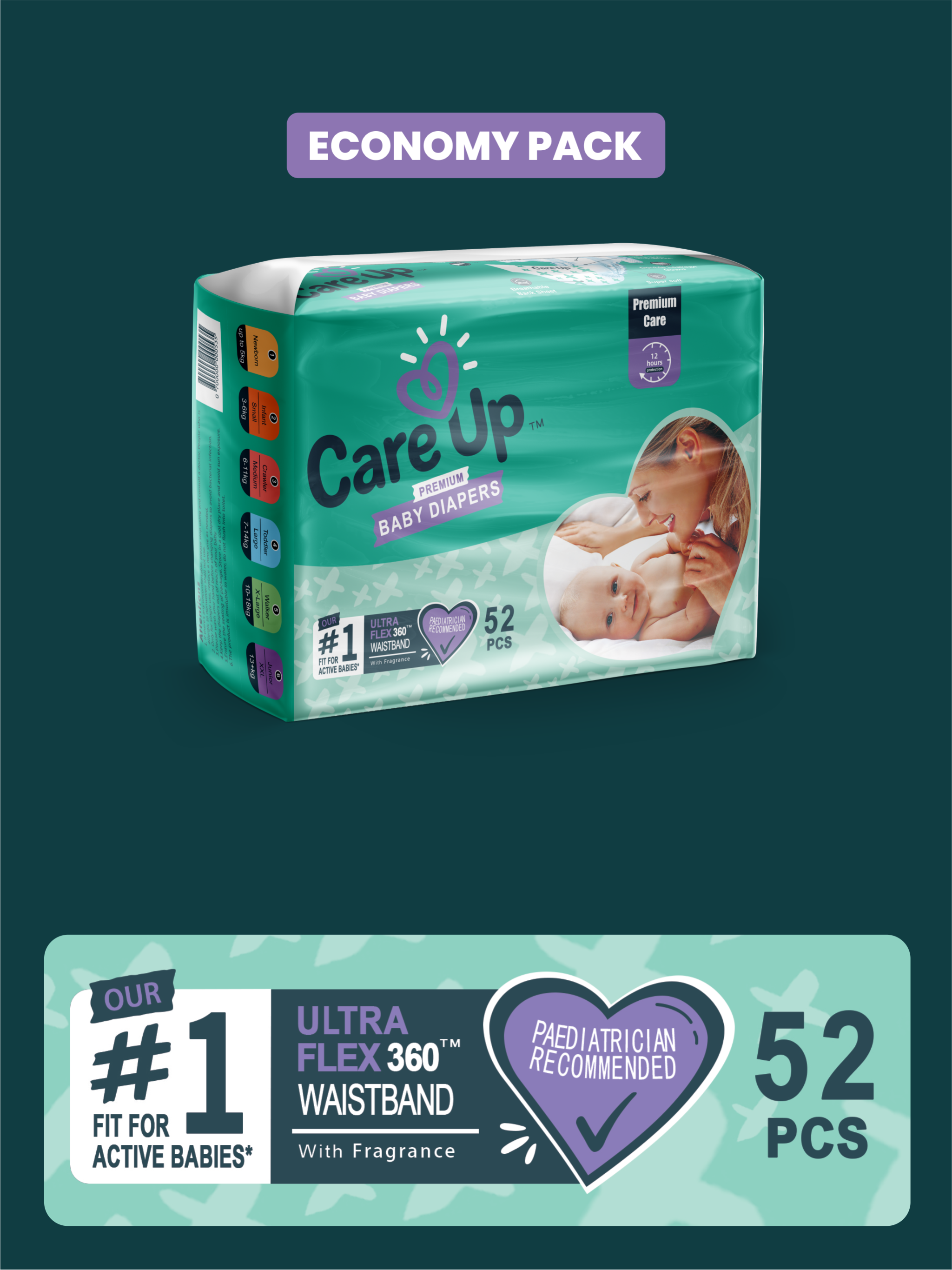  Care Up Premium Baby Diapers NB/Small (3�6kg) Economy Pack � 52 Pcs
